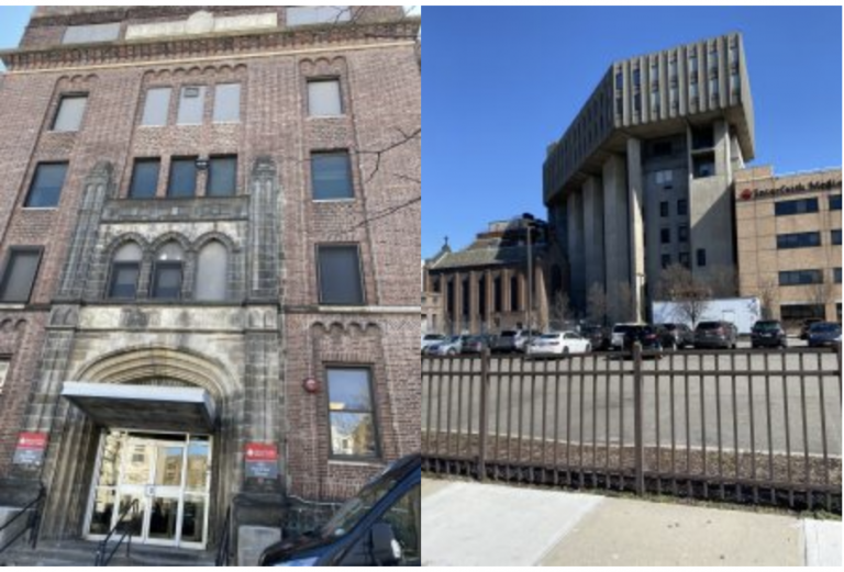 Photos outside St. John Episcopal Hospital’s original building and Interfaith Medical Center