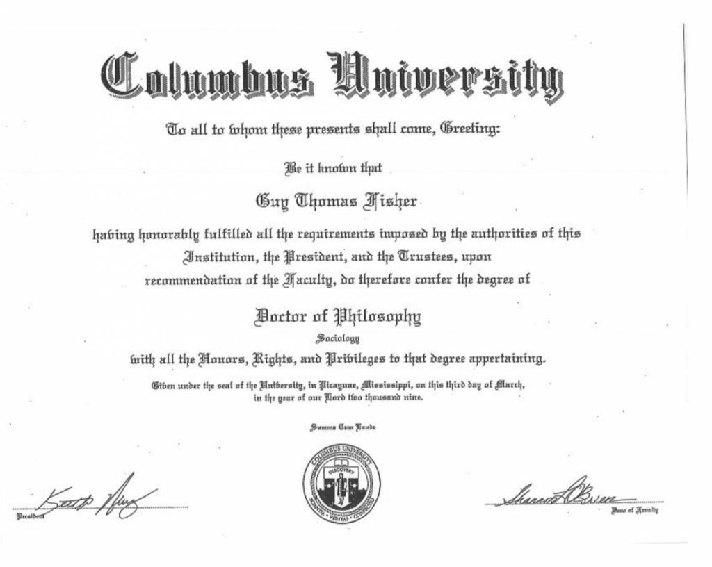 A scan of Guy’s PhD degree in Sociology from Columbus University.