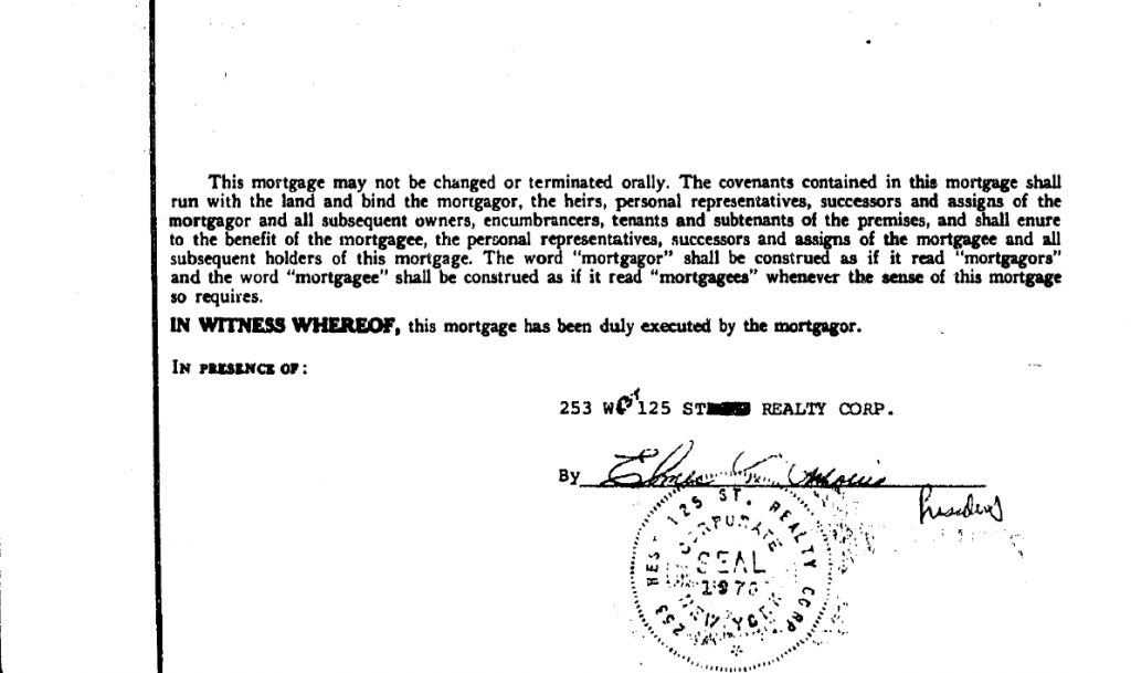 A portion of the 1978 mortgage for the Apollo, showing Elmer T. Morris’ signature.