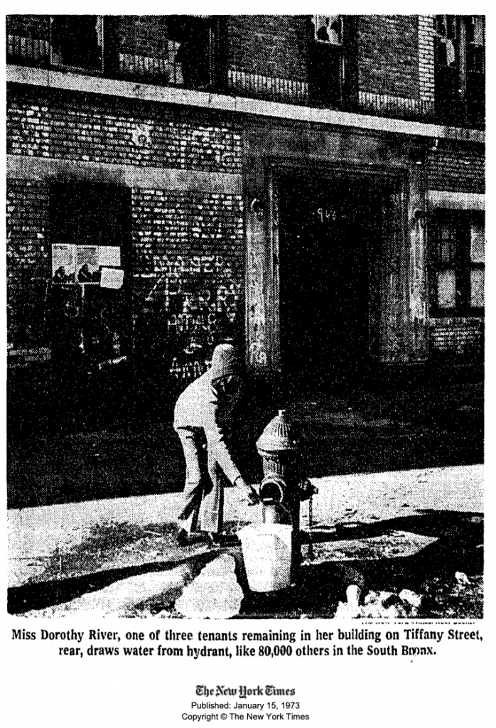 Photo of A South Bronx resident getting water from a fire hydrant in 1973