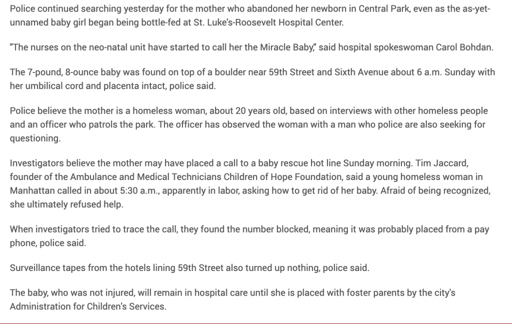 Black text on a white background — a nearly 300-word news story about a baby found in New York City's Central Park on September 9, 2001.