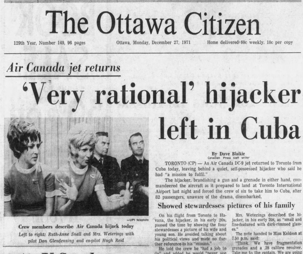 Front page of The Ottawa Citizen newspaper on Dec. 27, 1971. Headline: 'Very rational' hijacker left in Cuba