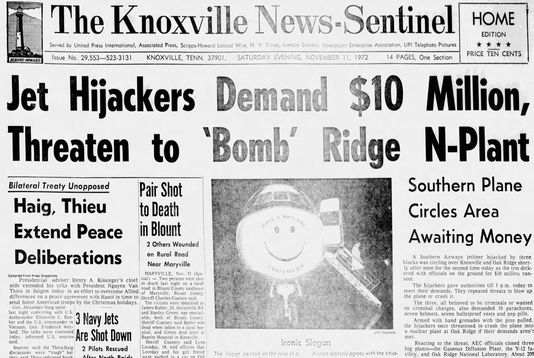 Front page of the Knoxville News-Sentinel, Nov. 11, 1971. Headline: "Jet Hijackers Demand $10 Million, Threaten to 'Bomb' Ridge N-Plant"