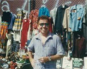 Andy Velez in September 1988, wearing a powder blue jumpsuit at the P.S. 41 flea market.