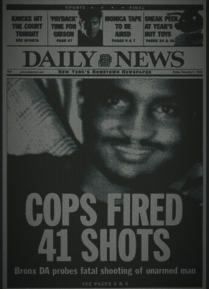 First coverage of Amadou Diallo in the Daily News (1999) with the headline "COPS FIRED 41 SHOTS"